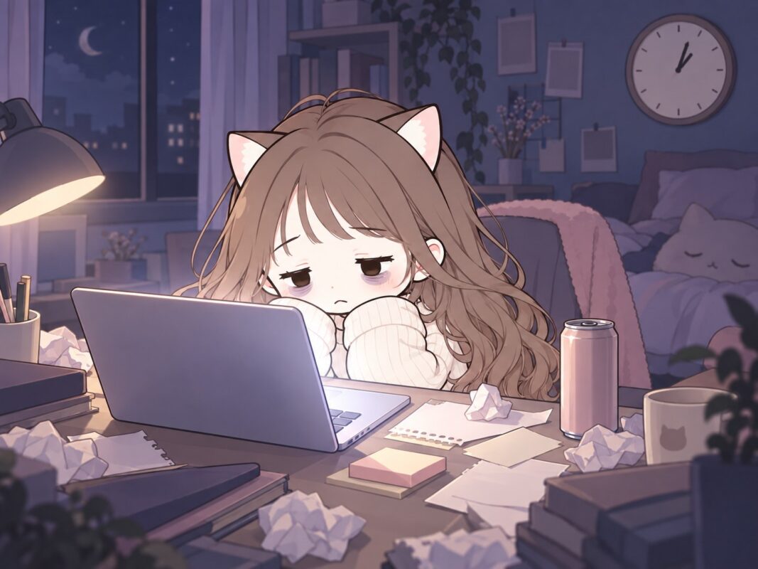 深夜まで作業して疲れているもいねこ