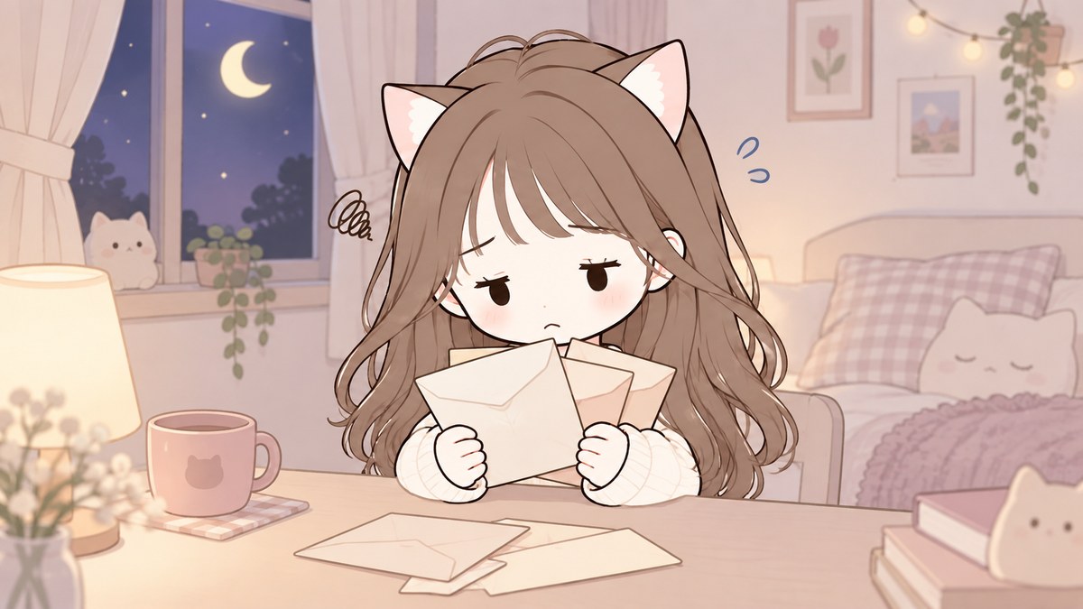 夜、請求書を手に不安そうなもいねこ